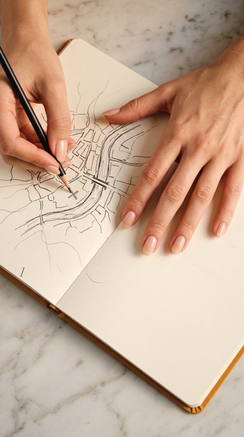 Hands drawing a map of Porto in a notebook, a pencil cross on the page, page number one in the corner